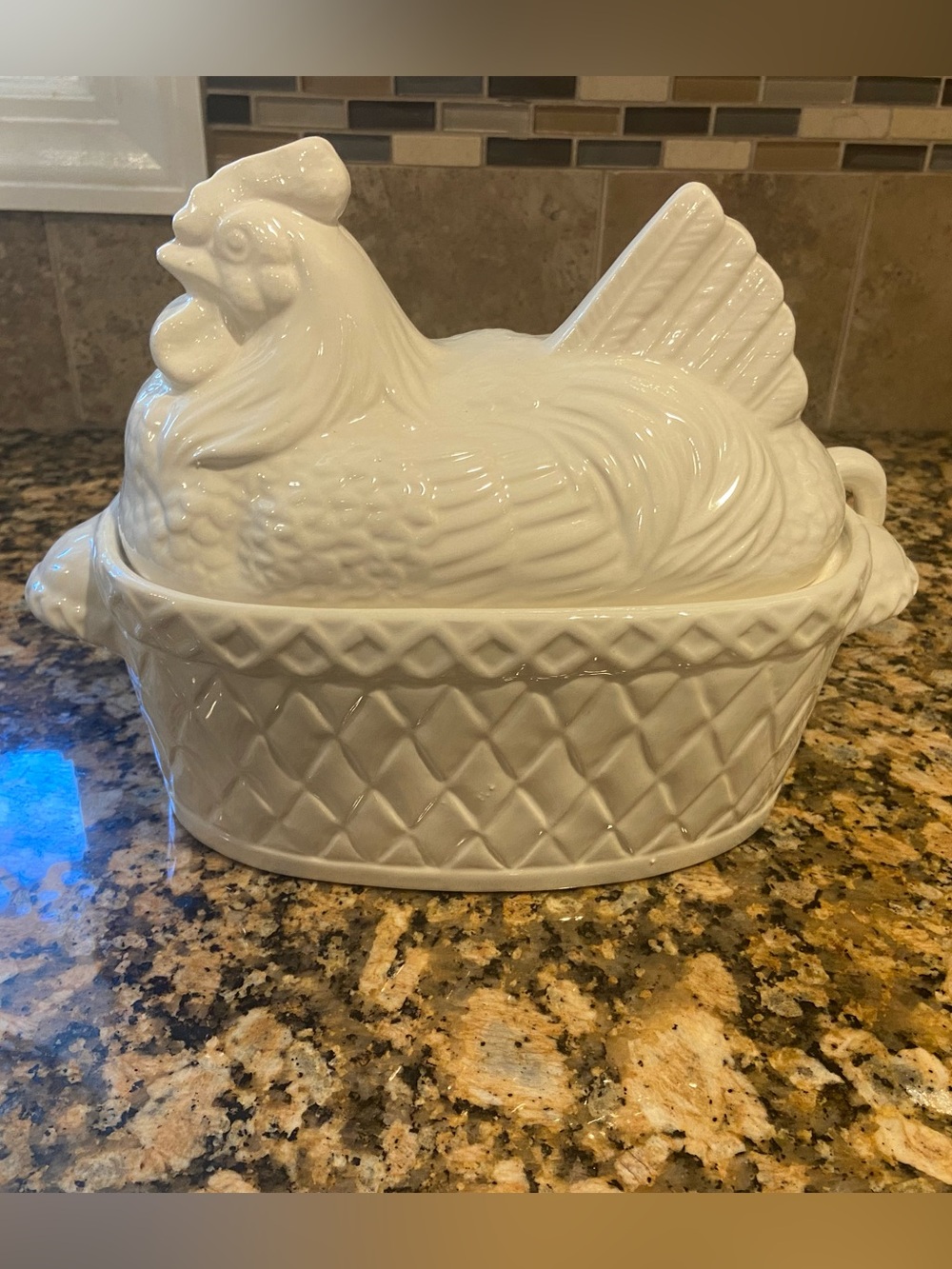 Vintage Japan White Ceramic Hen Chicken Soup Tureen w/ Ladle